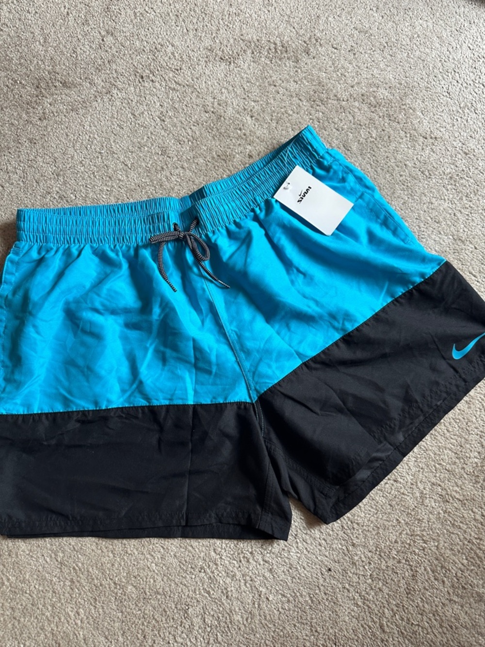 Nike Men's Turquoise and Black Colorblock Swim Shorts